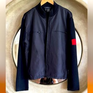 DKNY Men Black Panel & Back & Sleeves Knit Zip Black Jacket SZ Med